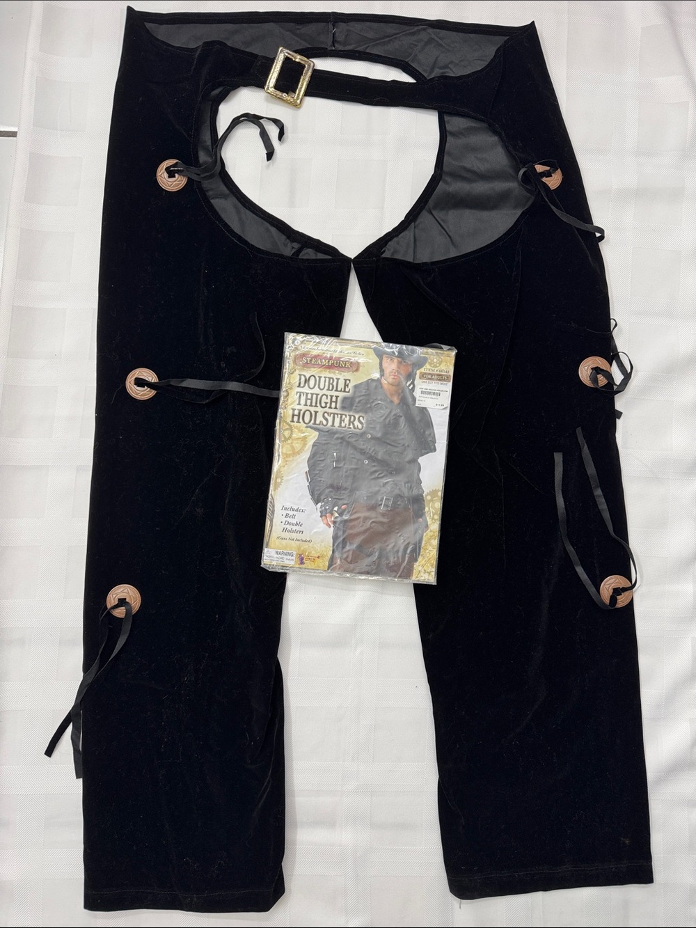 Black Velvety Chaps Pants with Laced Rings and Thigh Holster